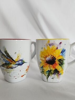 White Ceramic Sunflower Humming Bird Yellow Wine Accent - Floral Watercolor